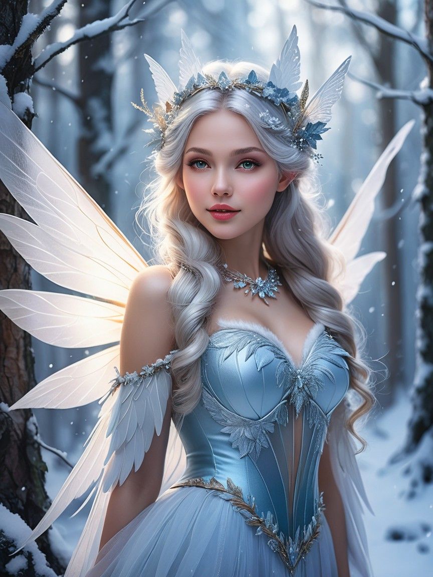 Winter fairy with wings in a snowy forest, detailed fantasy ...