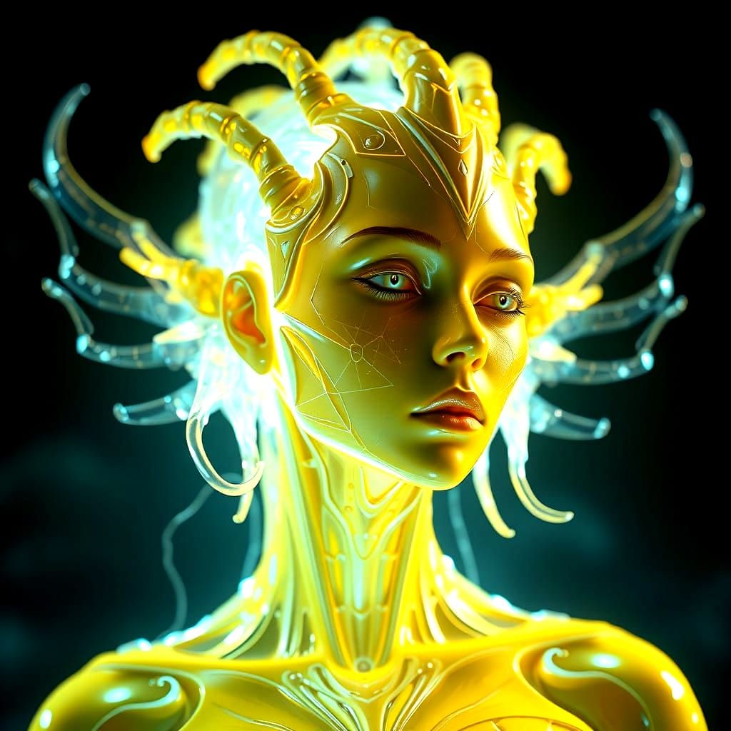 Ethereal Holographic Goddess in Cyberpunk Aesthetic