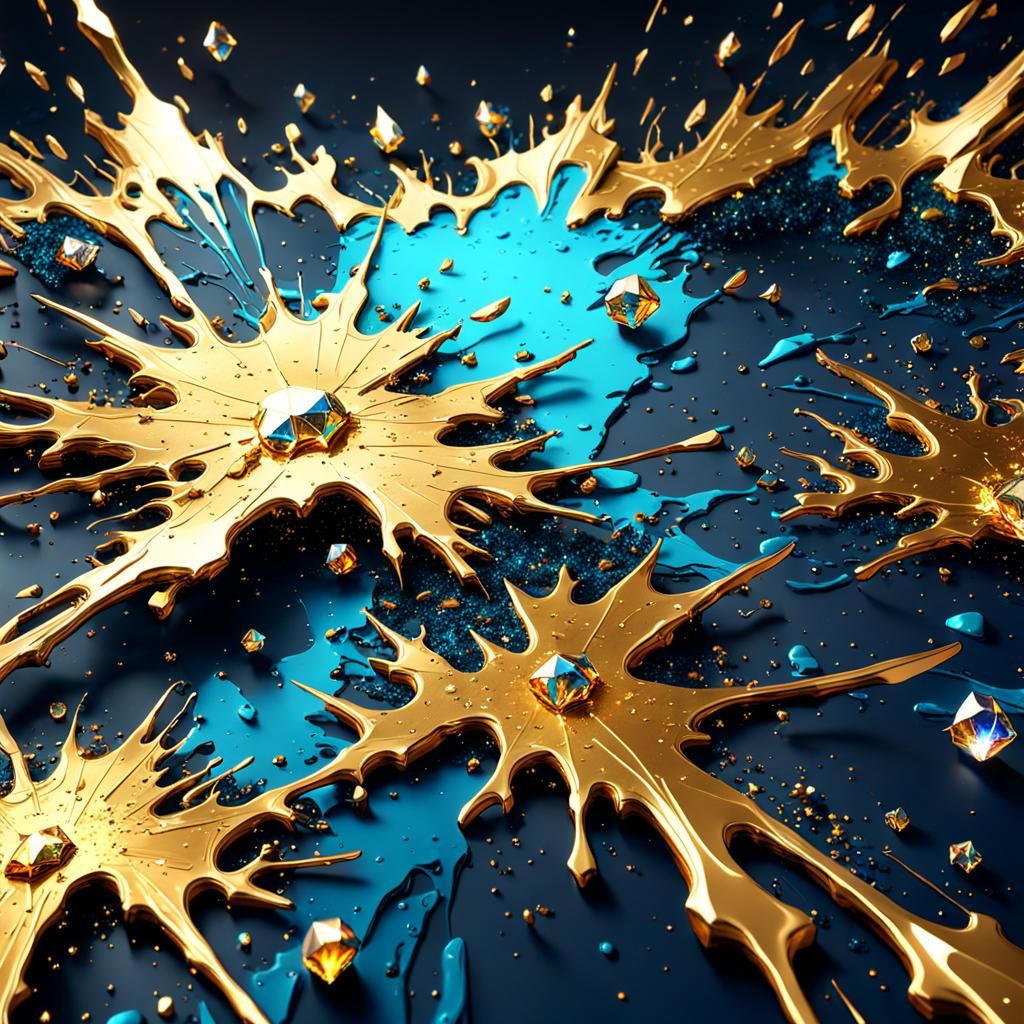 splatter pattern witg  gold crystal , glitters,
