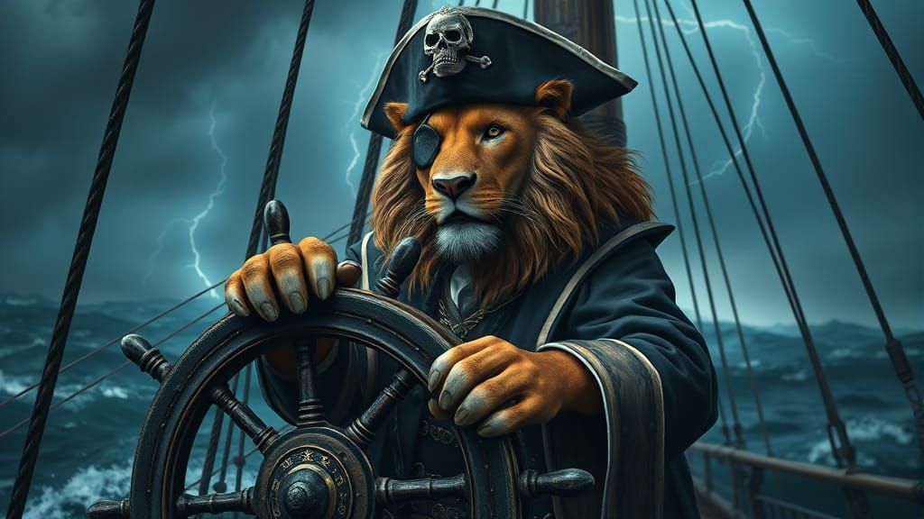 A majestic lion, clad in a pirate captain's coat, eye patch and tricorn hat, stands proudly at the helm ...  by @Hereami