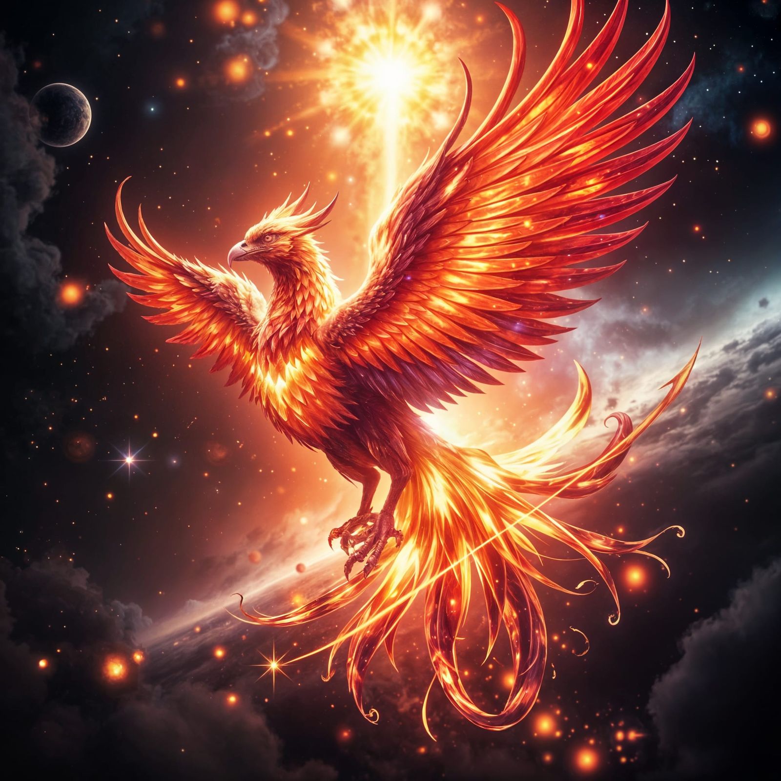 A cosmic phoenix rises from the ashes of a supernova, its feathers ablaze with vibrant colors and celestial ...  by @CrystalAnimal