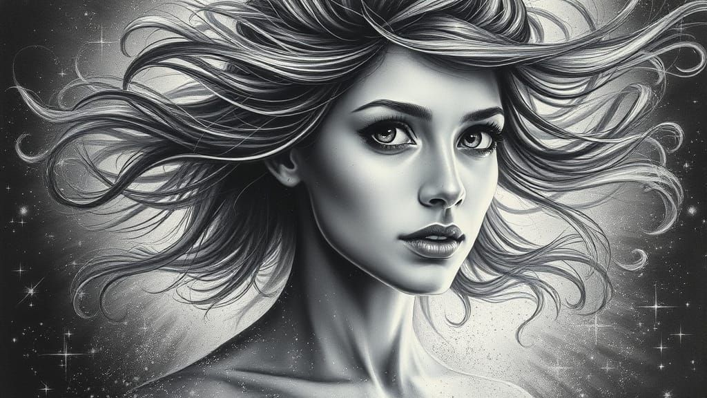 Ethereal Woman in Stardust Vortex, Charcoal Portrait