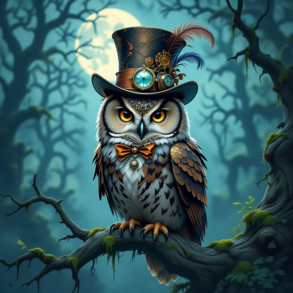 An ancient owl with feathers like tarnished copper and clockwork eyes perches on a gnarled, moss-covered branch. It wears a magnificent top ...