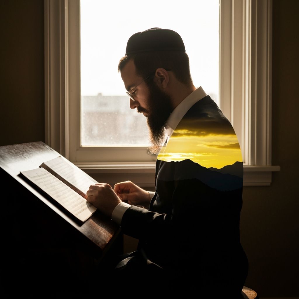 Double Exposure: Hasidic Scholar and Mountain Sunset