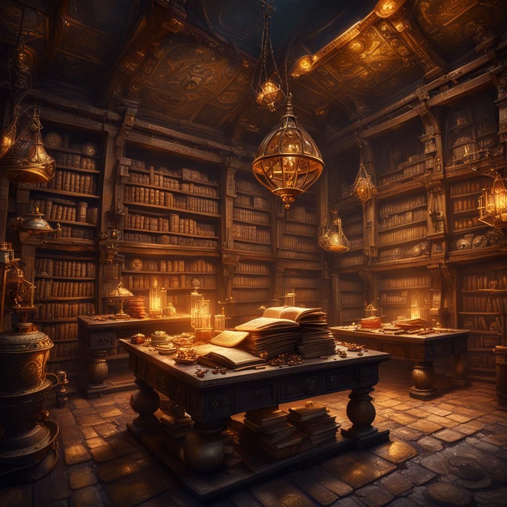 Imaginative depictions of hidden alchemy labs, libraries filled with ancient scrolls and tomes, or treasure ... --  by @LoHdessin