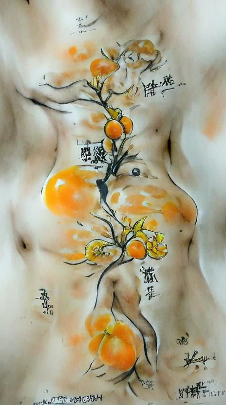 Nude Man Hidden Among Blossoming Orange Trees in Watercolor