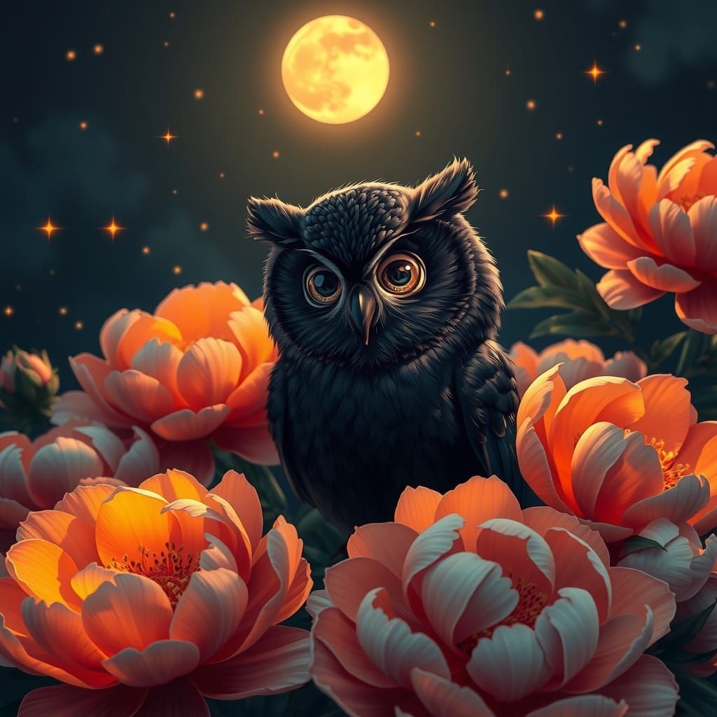 A small owl hides in the peonies