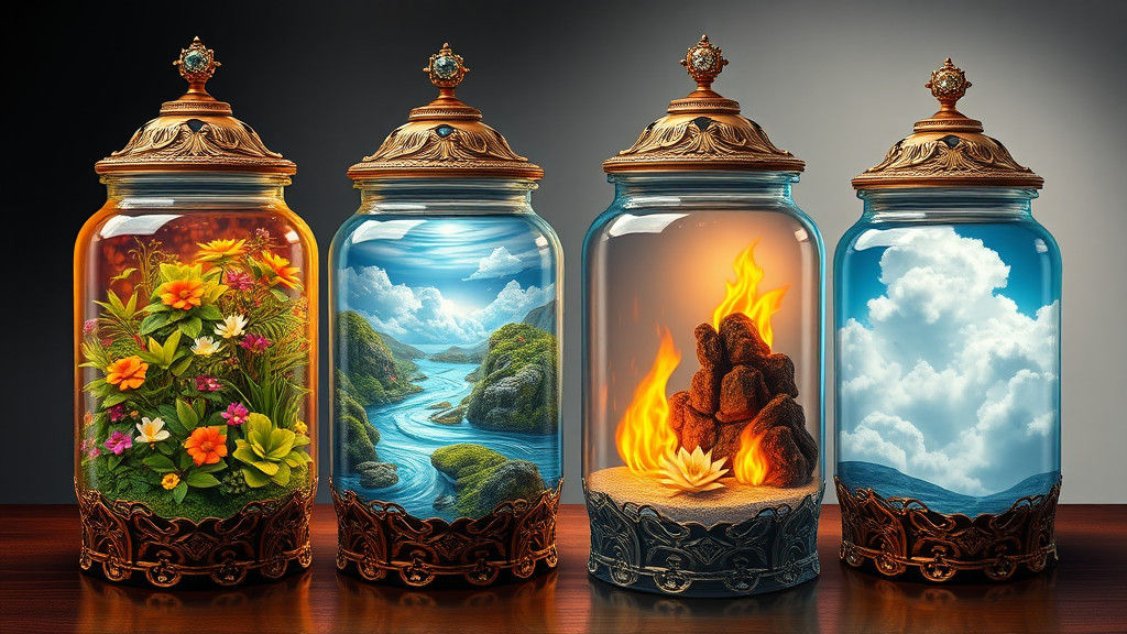 real image representing the four elements: four luxurious jars, in the first is the earth with beautiful ...  by @Ima