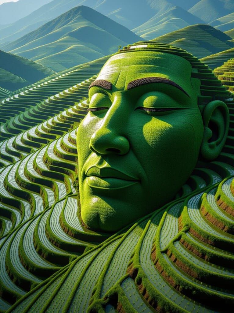 ““A slow-moving aerial shot of terraced mountains whose fields form one hidden face when viewed normally, and a second d...