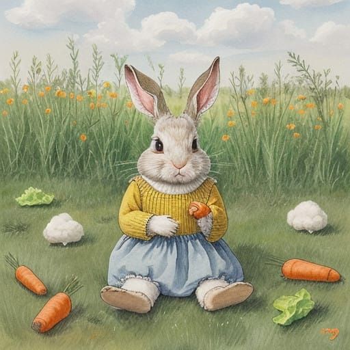 Whimsical Bunny in Sunny Meadow, in Beatrix Potter Style