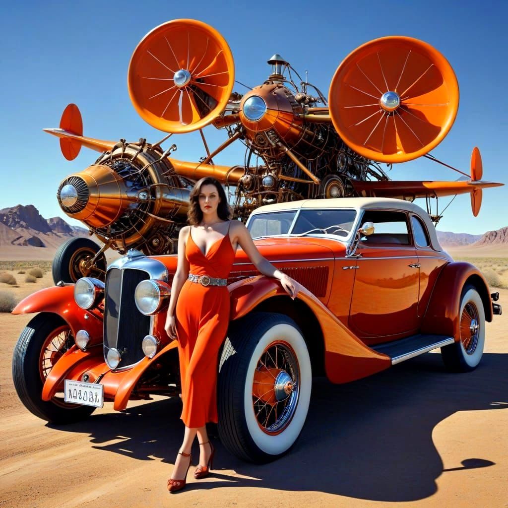Surreal Antique Automobile with Beautiful Lady