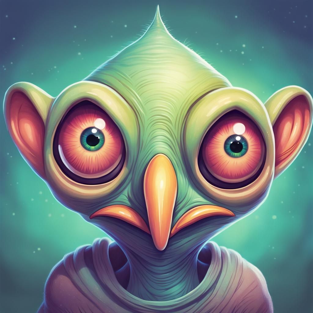 Drawing of a funny little alien with bulbous nose and huge e...