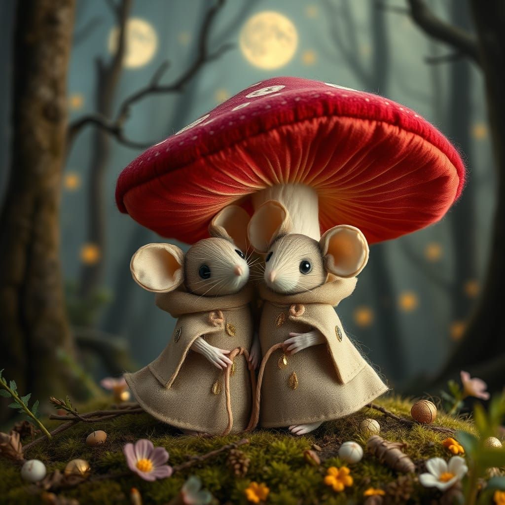 Mystical Mice Huddle Under Moonlit Mushroom