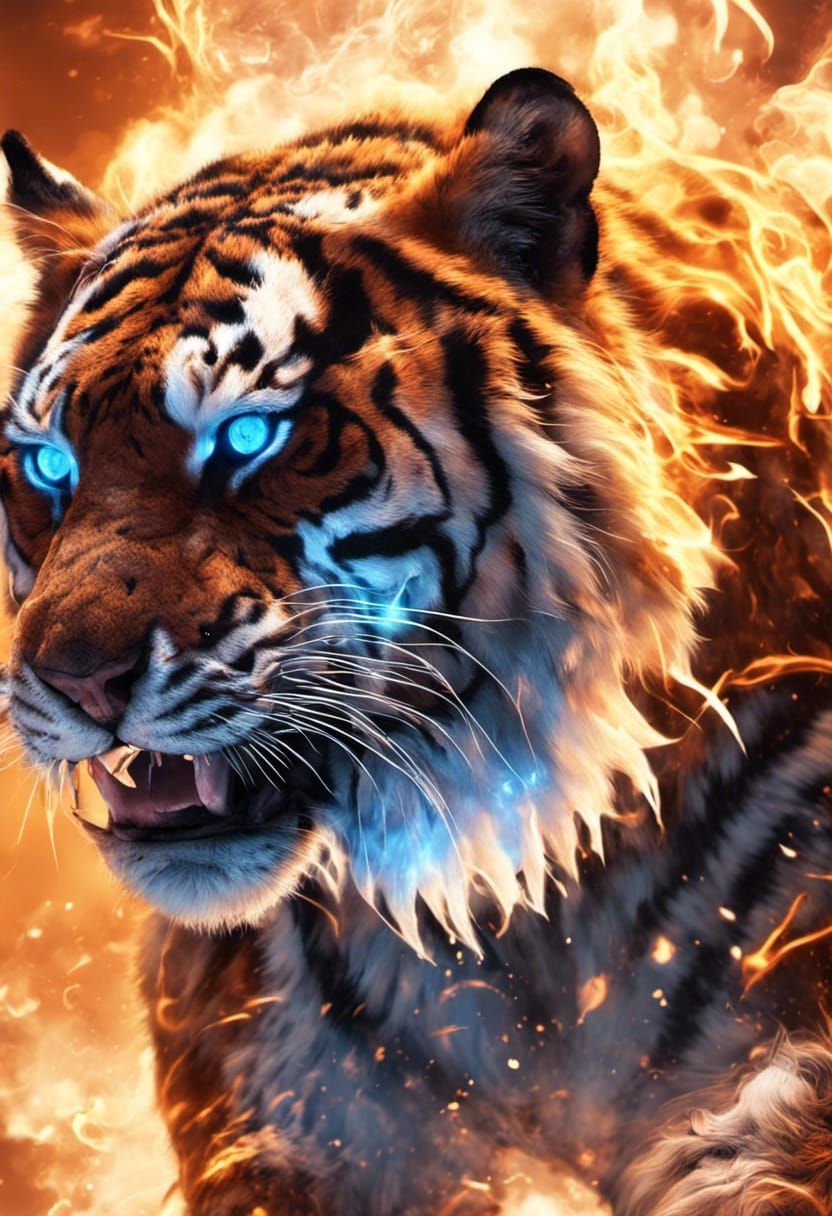 Photograph of Obese Tiger, emanating blue eyes, fire explodi...