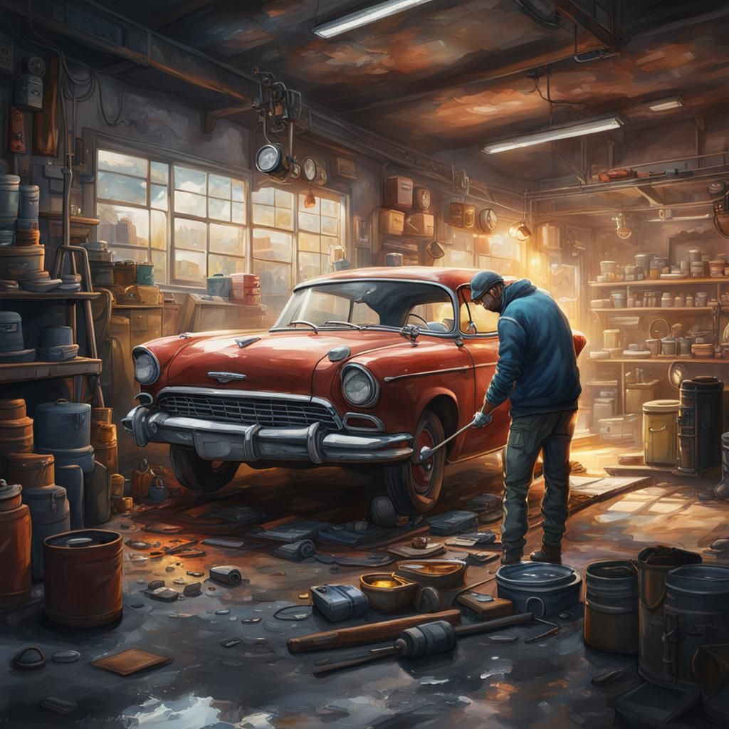 A man fixing his car at the garage , water color painting.