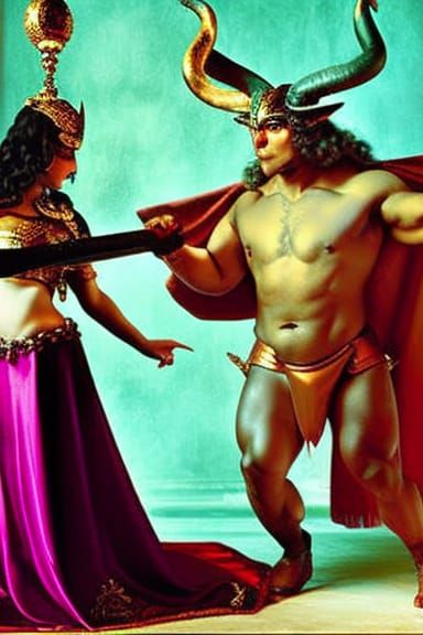 Minotaur preparing to court Madame Medusa.