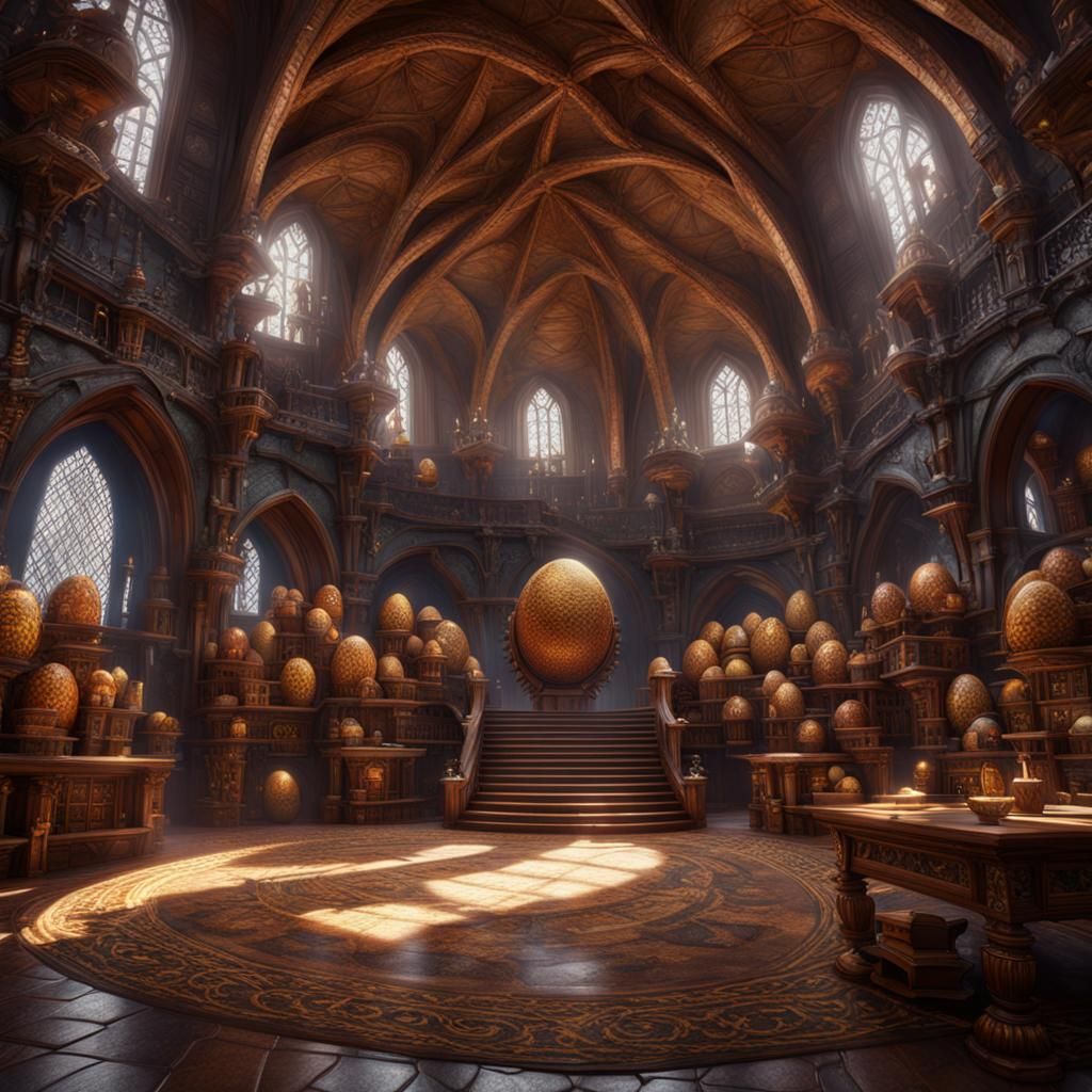 an ornate large fantasy dragon egg hatchery laid out like a ...
