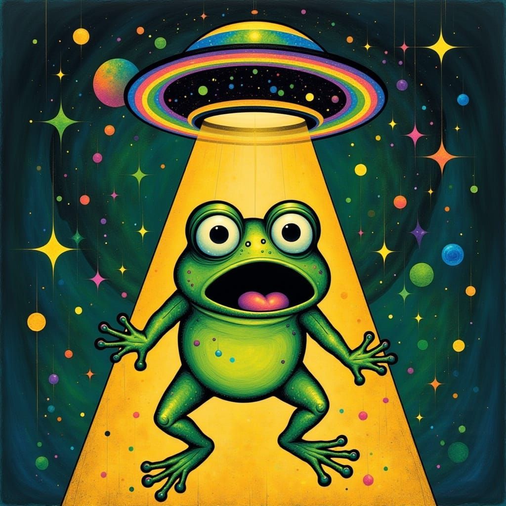 <lora:Trippy-Unreal:1.0> <lora:GlitchFoilFlux:1.0> <lora:Alien:1.0> <lora:Surreal Shine:1.0> a surprised frog as a Sasquatch lifts it up int...