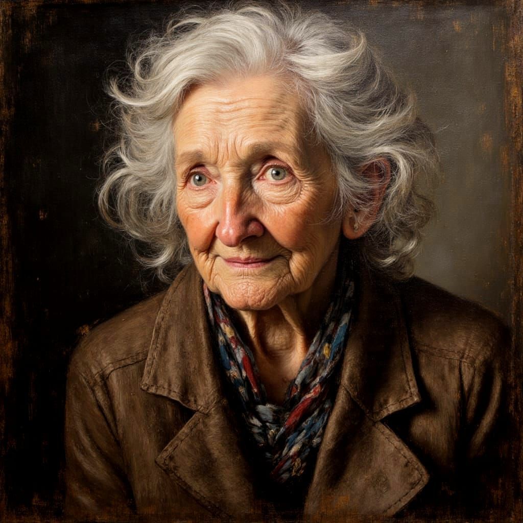 Realistic oil painting of characterful old lady <lora:Brushed Oils:1.0>