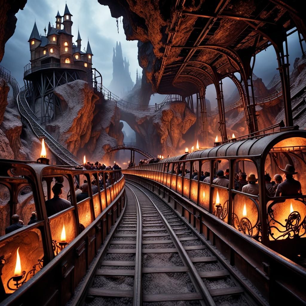 theme park with roller coasters in an old mine 1000 meters underground, flickering candle lights, ghosts ...  by @undefined