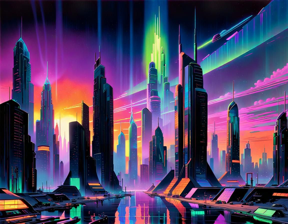 Holographic futuristic cityscape at sunset with glowing neon skyscrapers and a holographic aurora above ...  by @Vey Telmo