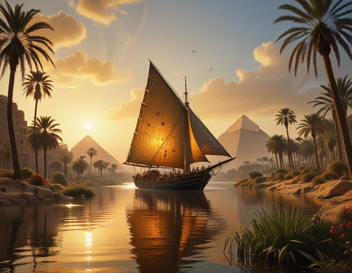 Egyptian Sailing Ship in Golden Hour