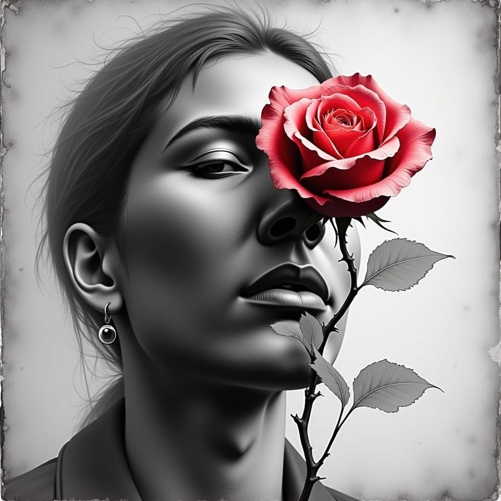 <lora:Hints of Red Gold:1.0> A red rose stands out as his  emotion against the graphite grayscale of forced identity ,