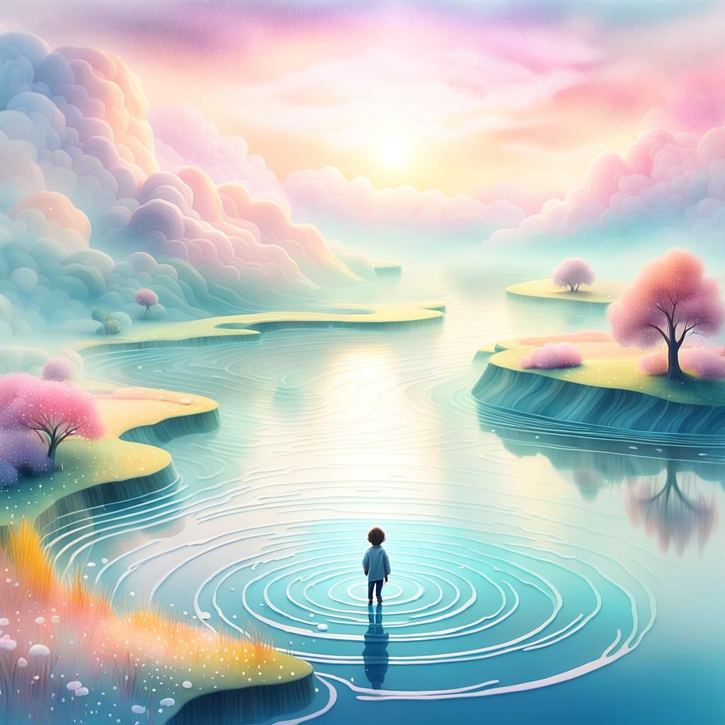 Surreal Dream Landscape with Child, in Anime 3D Style