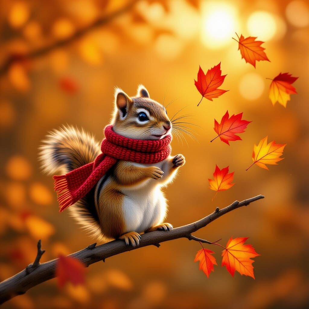 Chipmunk in Knitted Scarf on Autumn Branch  by @TS