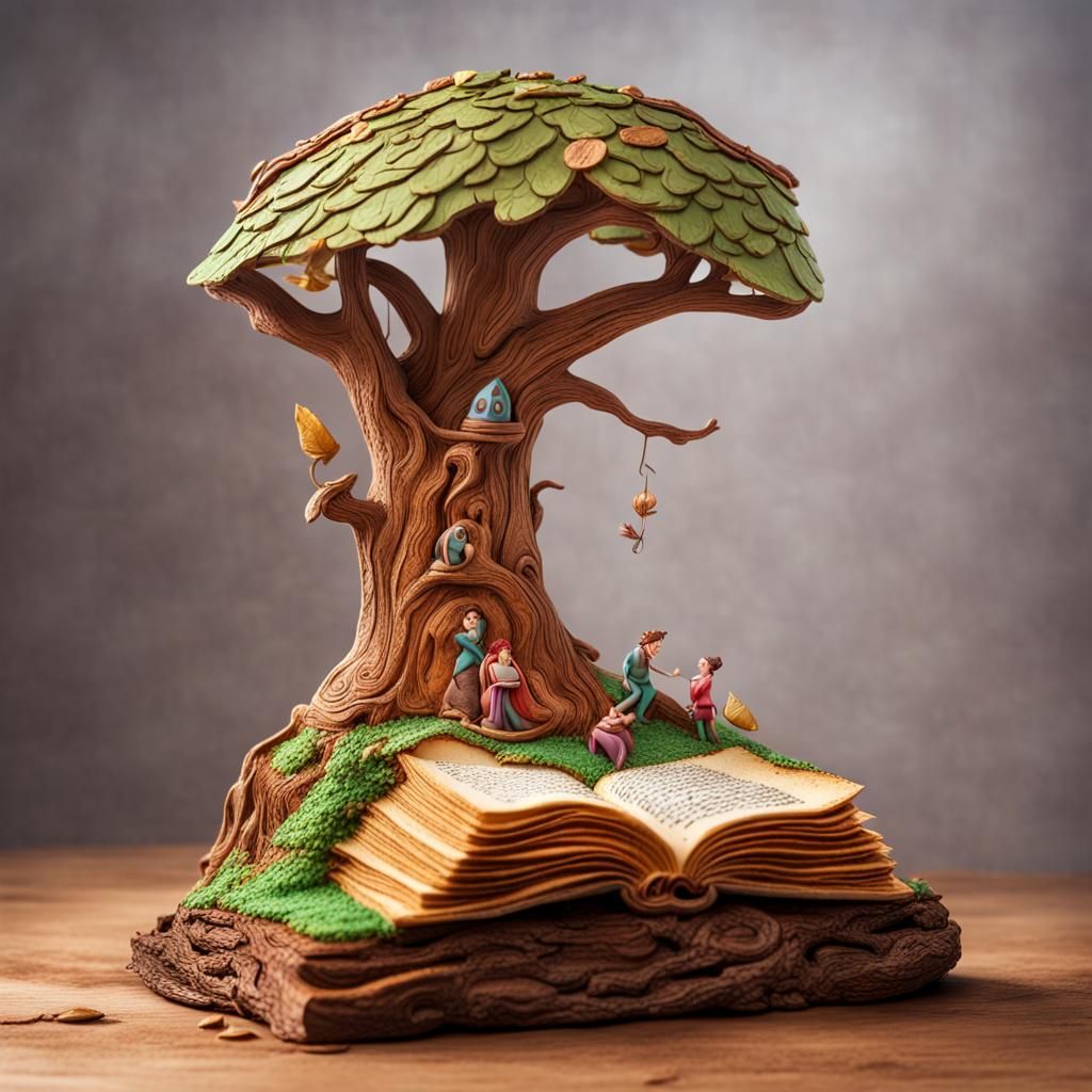 A cake sculpture of a fairy tale book, on a tree bark, in the style of a cake. High resolution.   by @Irene