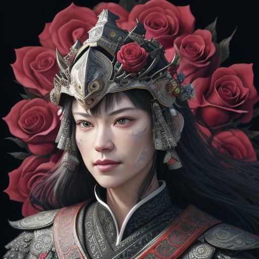 Magical Samurai Girl with Roses, Digital Art