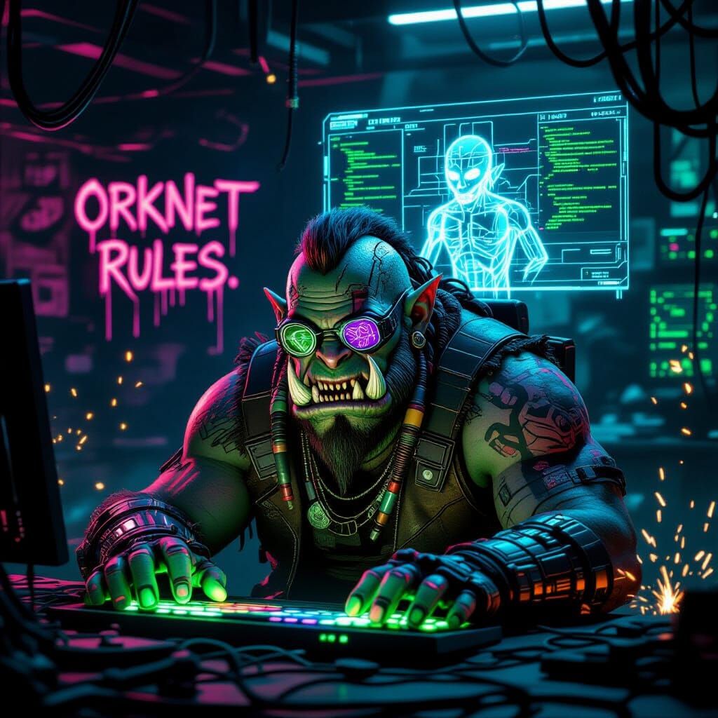 💻 1. Ork Hacker in the Grid

> A bulky Ork hacker sits hunched over a glowing console in a dimly lit ...  by @Dawn68