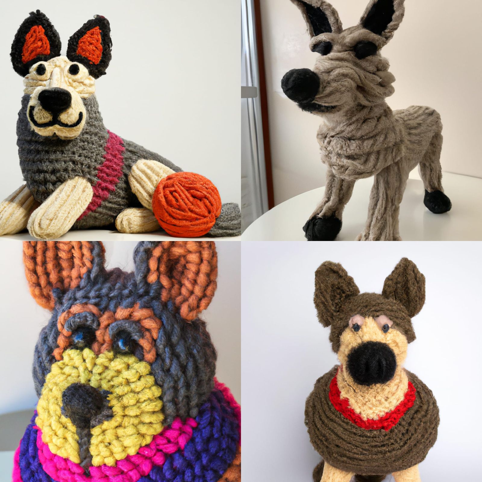 A German shepherd completely made up of yarn
