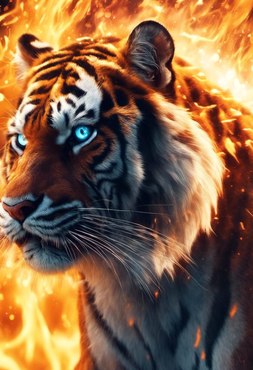 Photograph of Obese Tiger, emanating blue eyes, fire explodi...