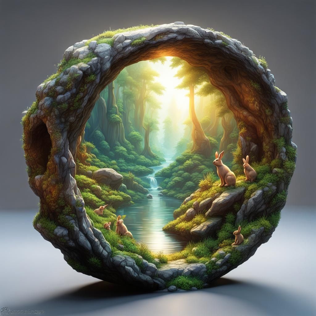  portal, smiling laughing rabbits, beautiful forest painting mysterious forest ...  by @Shevy