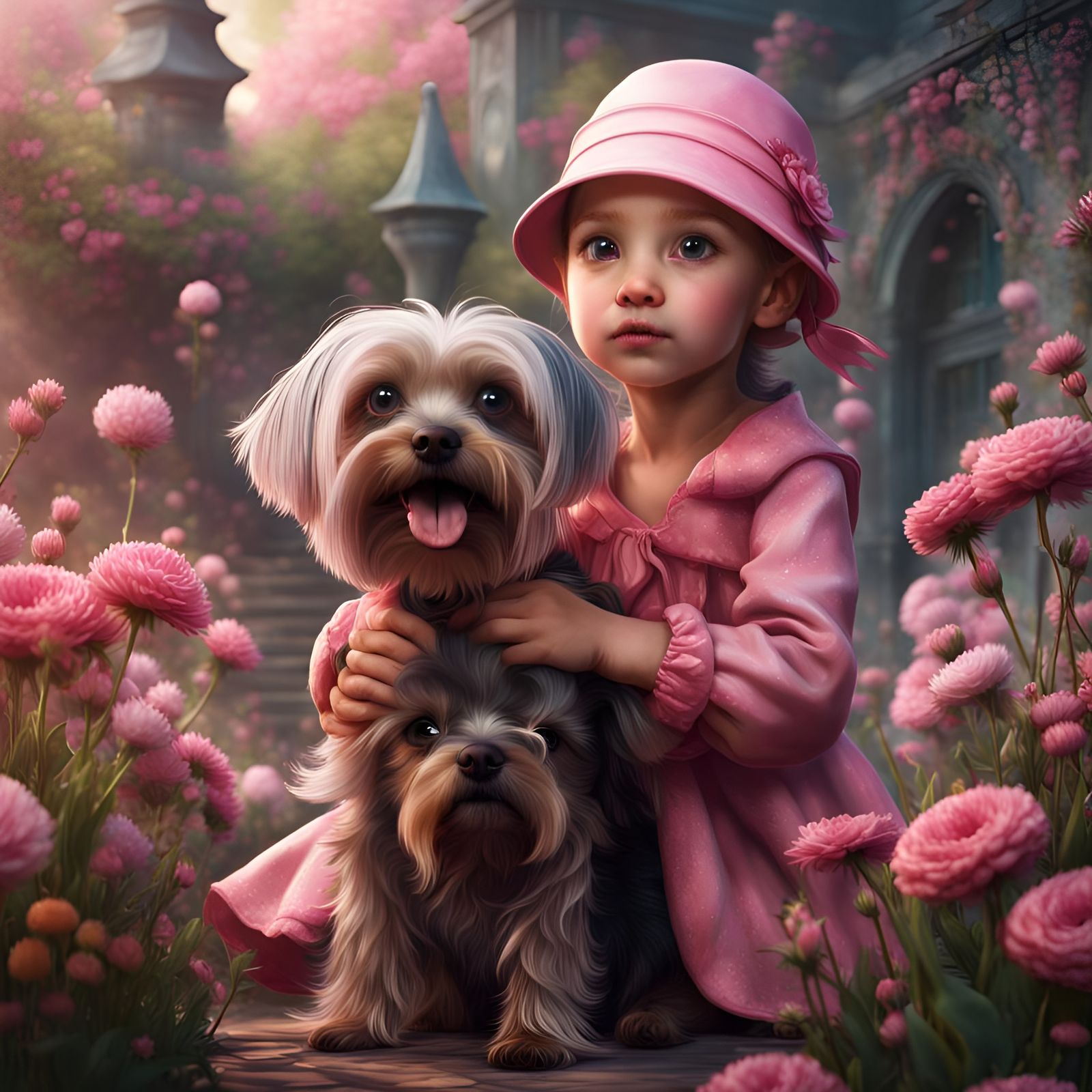 Little girl bald with hat. Big round dark eyes. Long mouth. ...