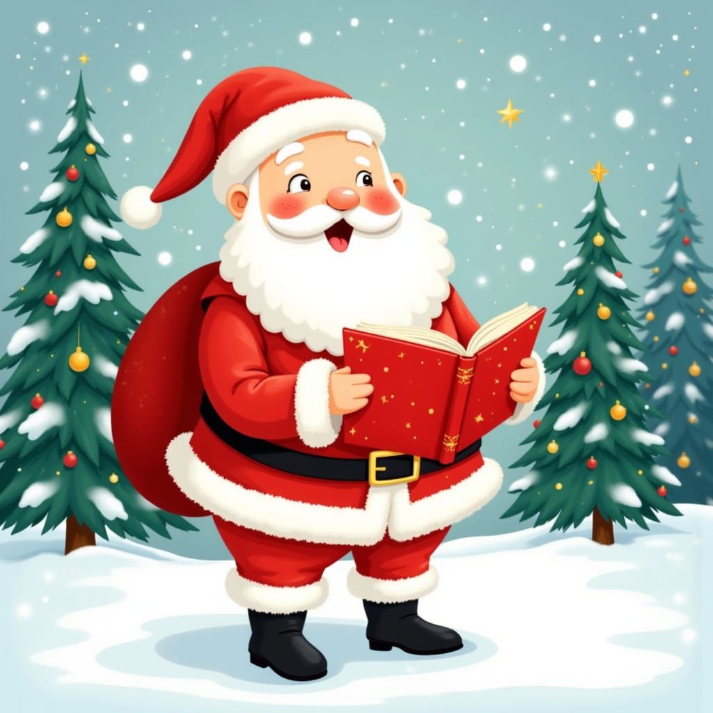 <lora:Christmas Cheer:1.0>a cheerful, cartoon-style Santa Claus standing outdoors in a snowy scene. He is dressed in his classic red suit wi...