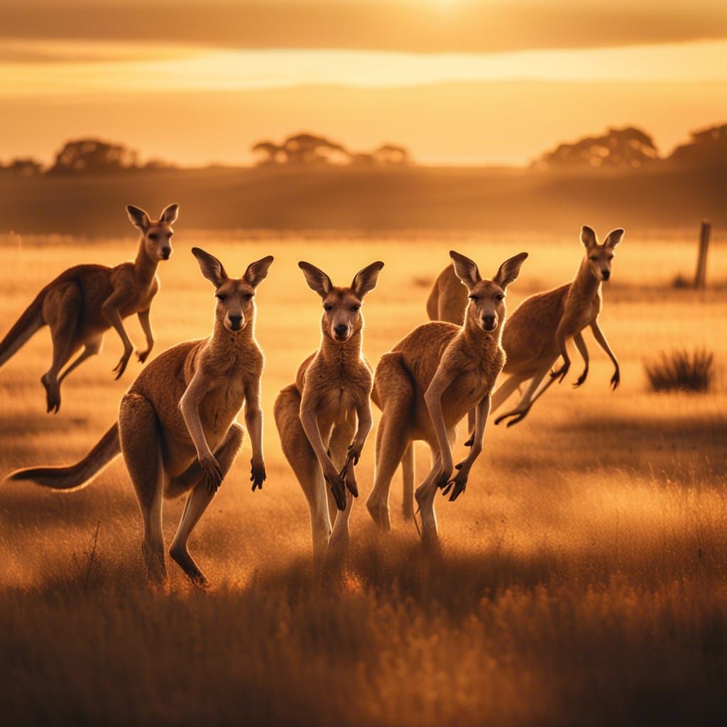 A mob of kangaroos hopping thru a paddock