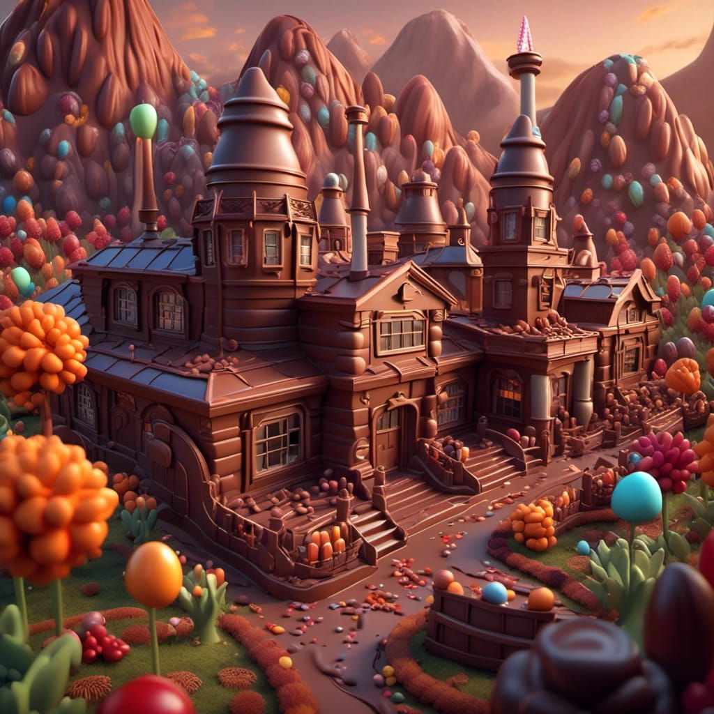 a chocolate factory, made of chocolate, and producing chocol...