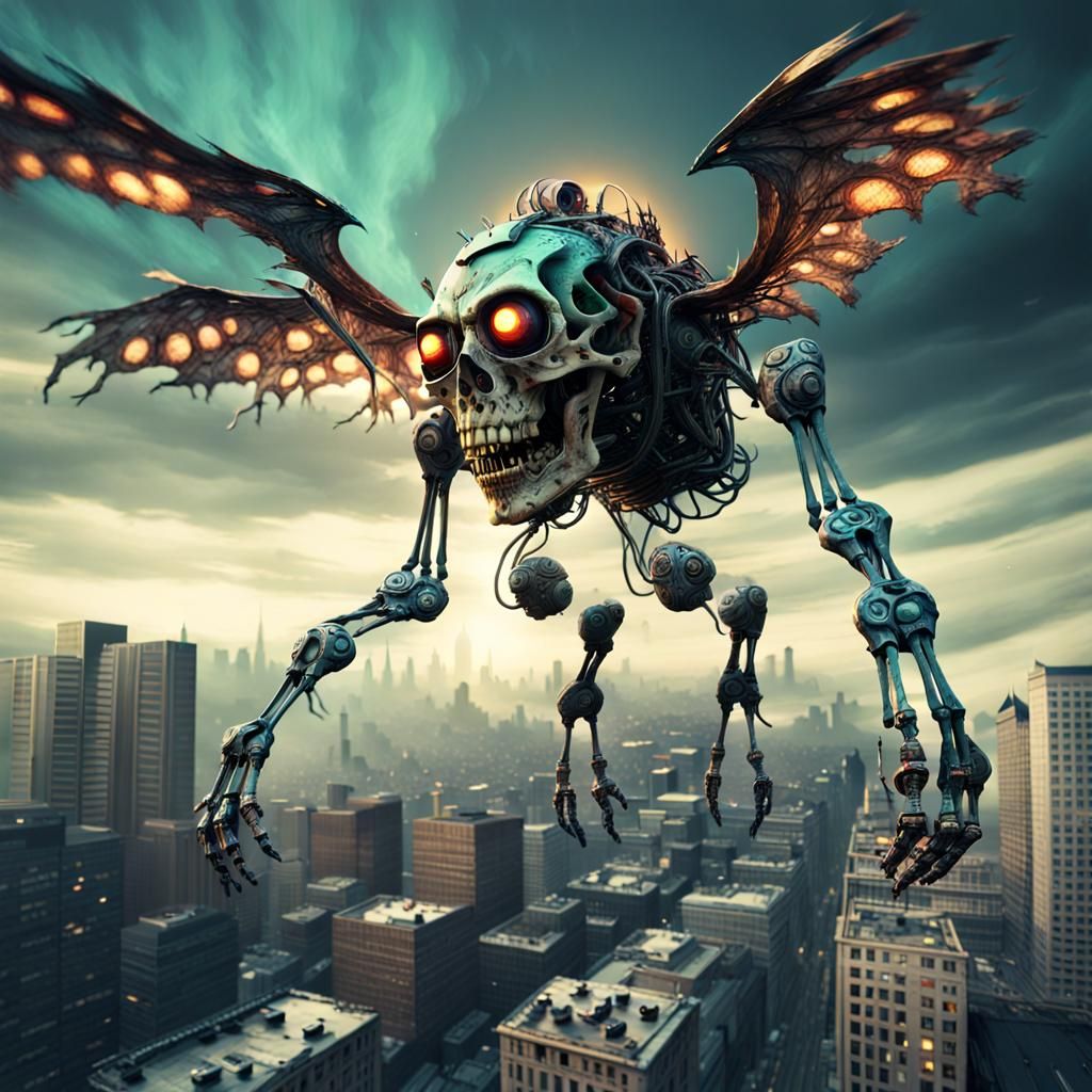 flying skeleton robot, flying over a city. Grotesque, decay,...