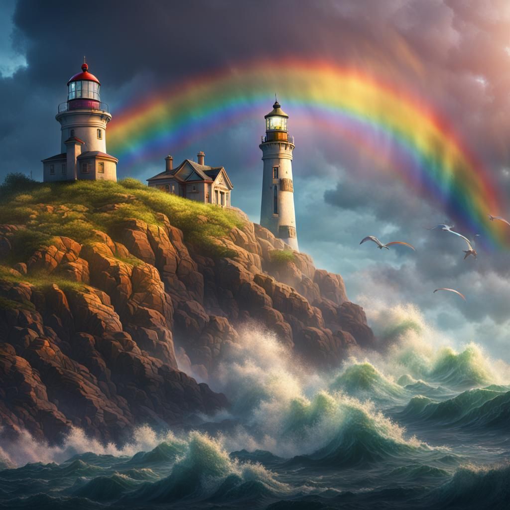 bright rainbow behind a lighthouse