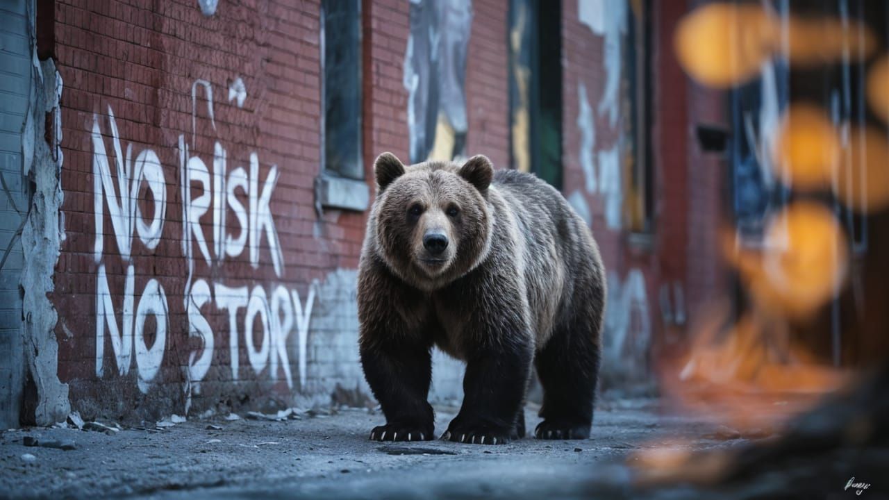 A photo of a grizzly Bear, in a gritty, urban alley with graffiti on a brick wall that says "No Risk. No Story."