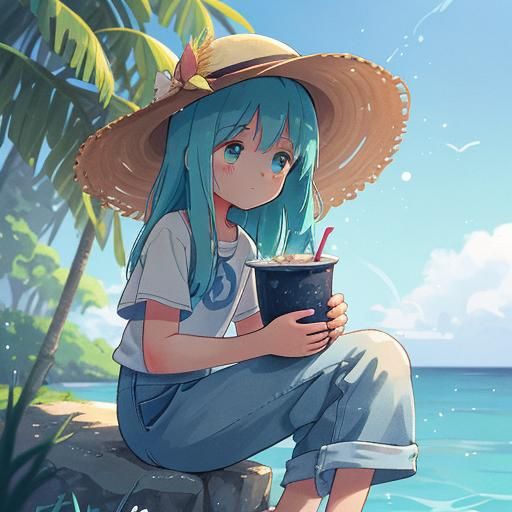 Man in Straw Hat Contemplates Ocean Shoreline