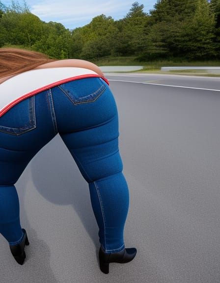 photorealistic,color,(((chubby big-booty girl in jeans))),((pale skin)),(bending over counter