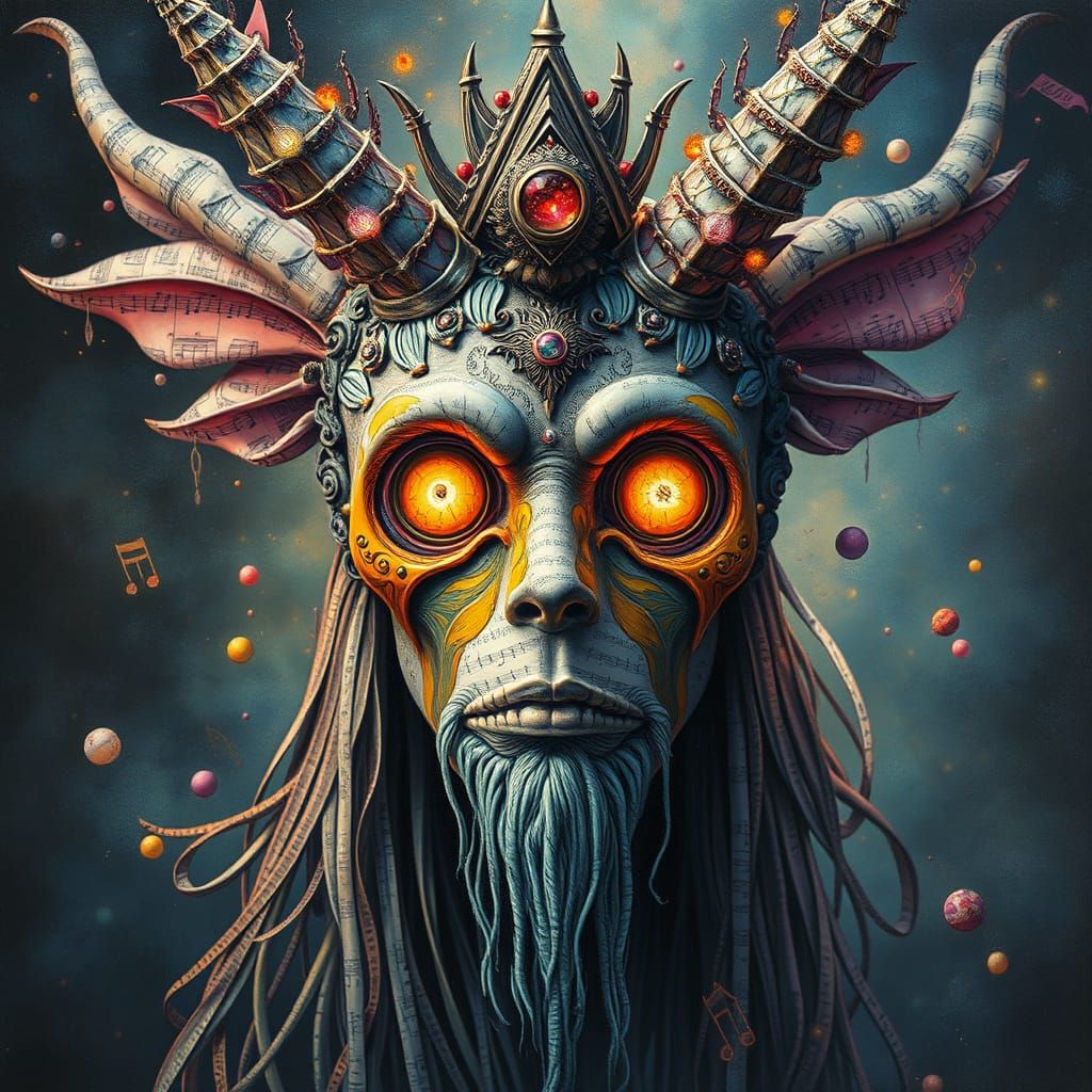 Surreal Mystic Being with Melting Shapes and Music Notes