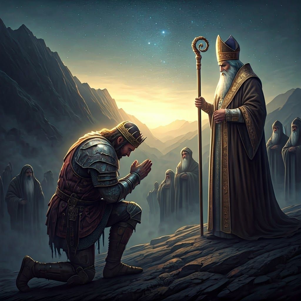 King in Battle Armor Bows to High Priest Amidst Majestic Mou...