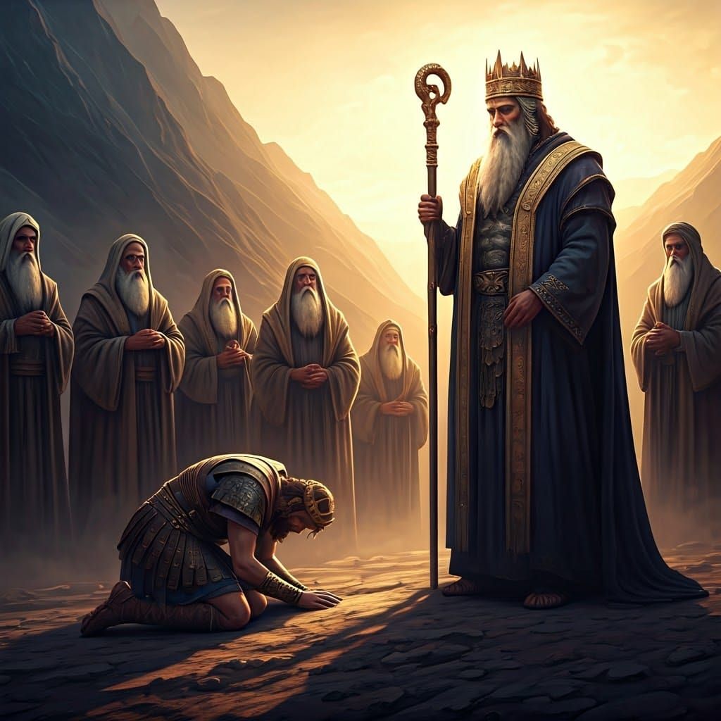 Ancient King Prostrates Before a Jewish High Priest in a Maj...