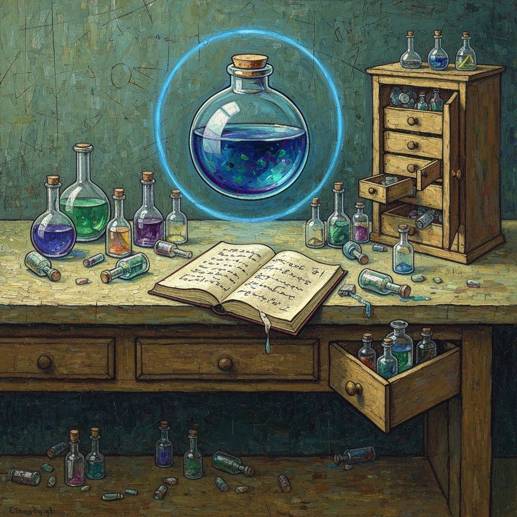 Floating Potion Vial Above Cluttered Workbench, Post-Impress...