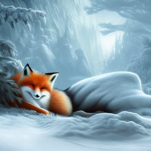 sleeping snow fox