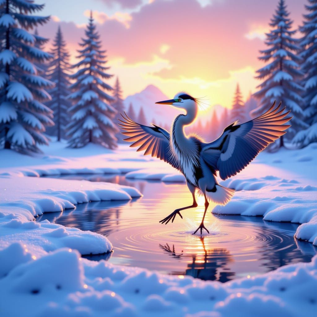 <lora:Heron Snow:1.0> Heron in a snowy winter scene vibrant pond sunset